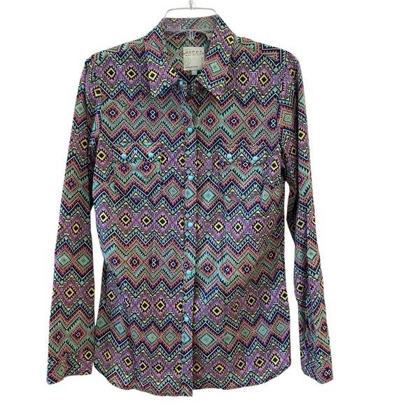 Cowgirl Up! ROPER Pearl Snap Long Sleeve Geometric Colorful Pattern Shirt Medium - Picture 1 of 7